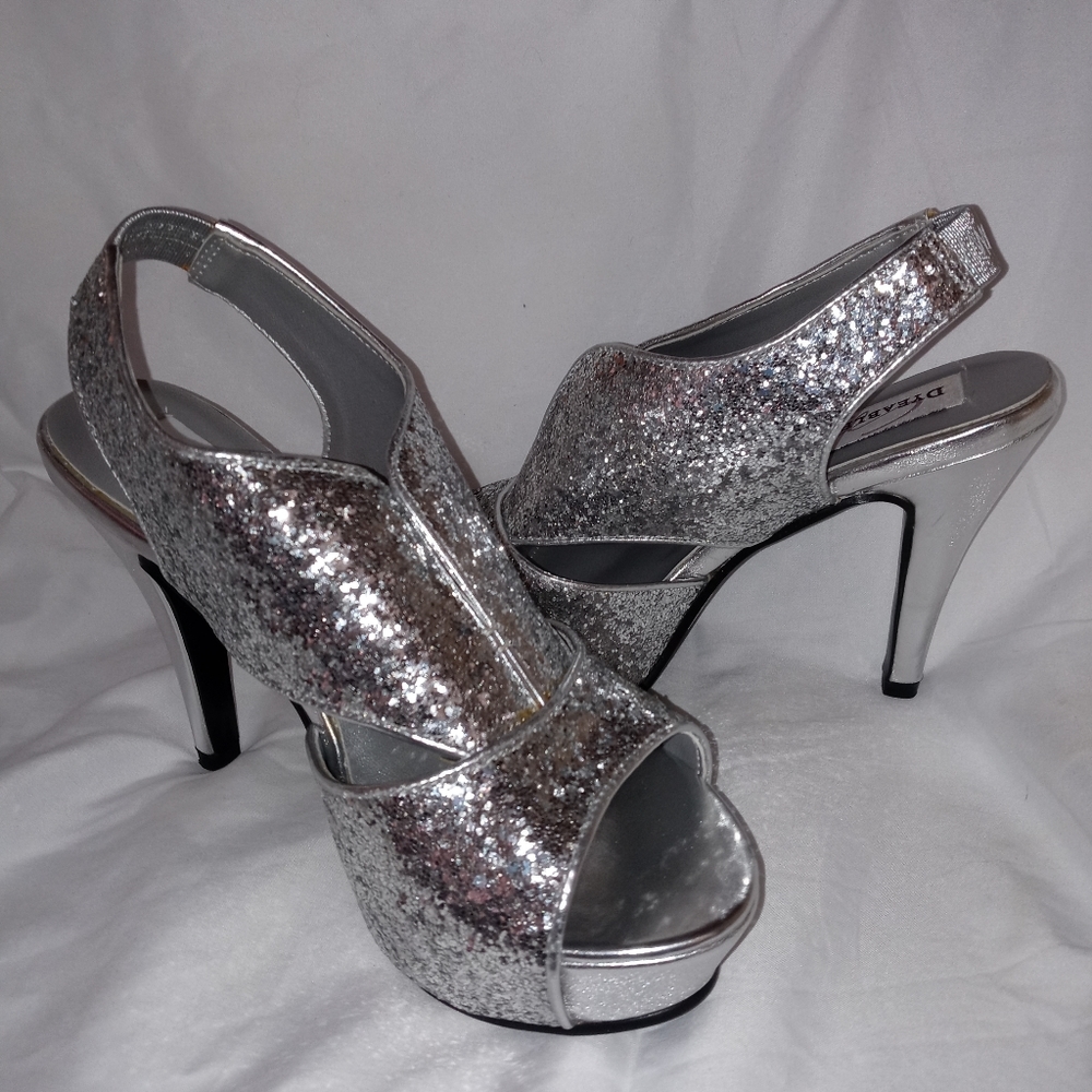 Silver Glitter Platform Open Toe Heels